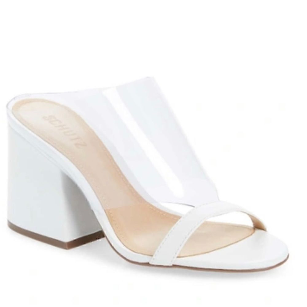 Schutz Raira block heel sandal in white/transparent